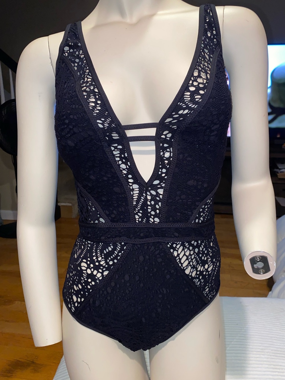Black Lace Deep V One-Piece Swimsuit